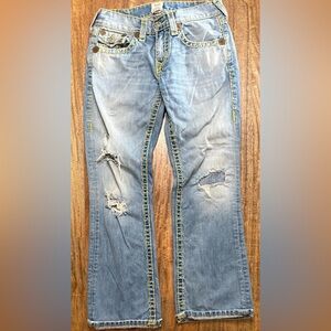 True Religion Womens Straight Leg Jeans Distressed Denim Baggy Blue Size 29